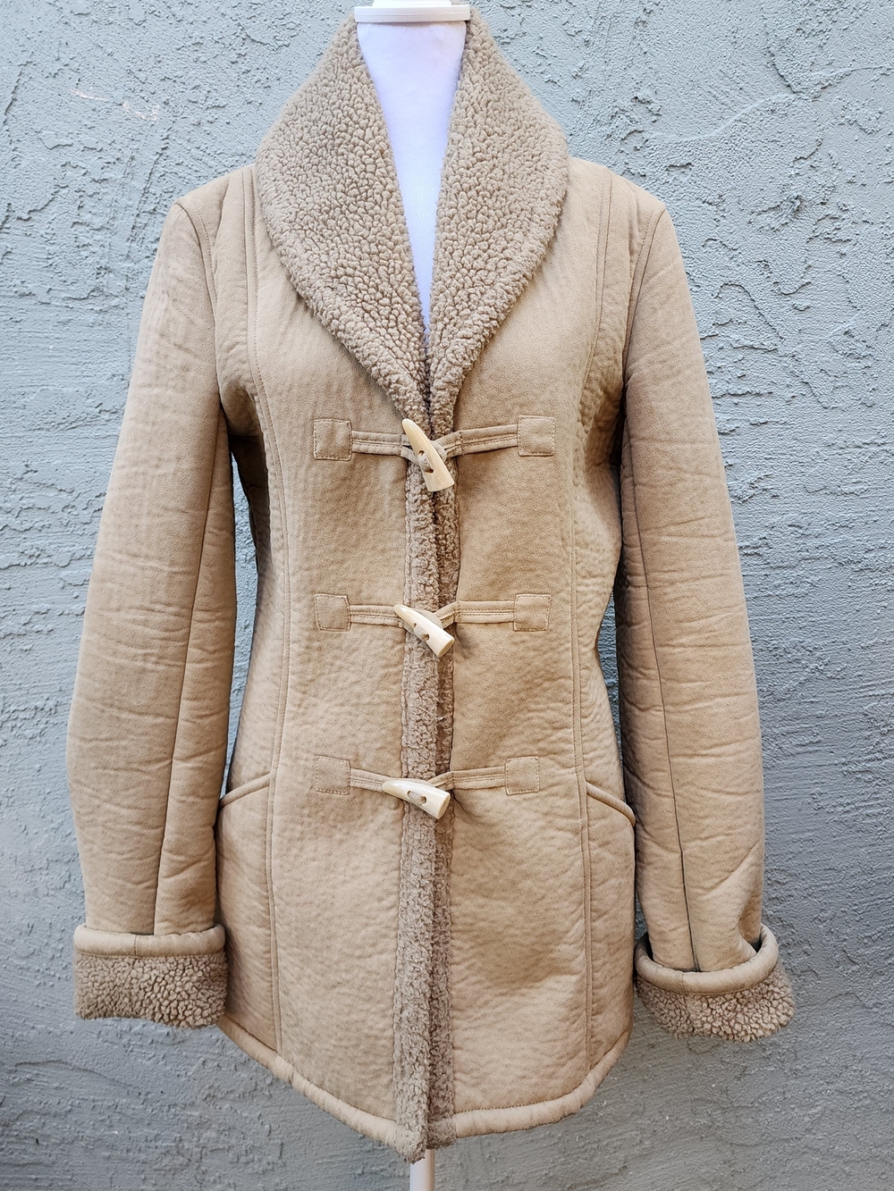 Vintage DKNY Faux Suede Shearling Toggle Duffle Coat Jacket Beige [M]